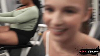 horny teen's sneaky gym blowjob caught by bf