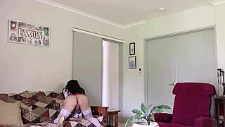 Beautiful Asian Ladyboy Strips in Stockings and Lingerie, Masturbates Her Monster Cock, Rips Clothes Off