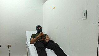 Kinky doctor masturbates his cock in the office