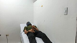 Kinky doctor masturbates his cock in the office