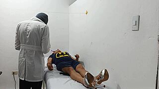 Kinky doctor masturbates his cock in the office