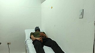 Kinky doctor masturbates his cock in the office