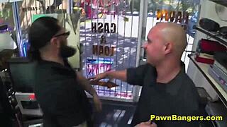 customer gets fucked in hairy pussy for cash on desk