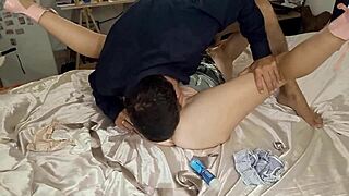 The white amateur milf in satin lingerie gets her pussy licked and asshole fingered pov