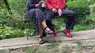 Hot Milf Boldly Jerks Huge Cock Into Glass On Park Bench