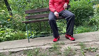 Hot Milf Boldly Jerks Huge Cock Into Glass On Park Bench