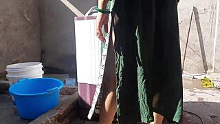 Sexy big boobs bhabhi bathes outdoors