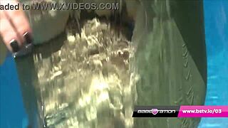 Pool strip babe says, 'Watch Leah strip and reveal big tits and pussy.'