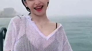 Girl Experiencing Deep Emotions While Stroking Her Big Tits