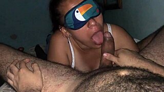 Blindfolded old slut sucking sloppy cock
