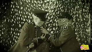 Three hot girls in retro uniforms ride dildo and lick pussy with stud