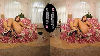 Jenifer jane spreads shaved pussy and masturbates with dildo in vr!