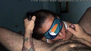 Blindfolded old slut sucking sloppy cock