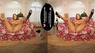 Jenifer jane spreads shaved pussy and masturbates with dildo in vr!