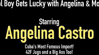 Big-mouthed Latina Angelina Castro sucks big black cock with curvy babe Mone in POV threesome outdoor.