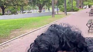 teen prostitute masturbates in public park with cumshot voyeur