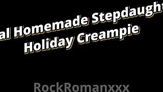 real homemade gathering - young woman celebrates holiday with older man in full scene