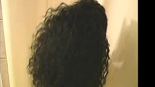 Island hottie from Trinidad bathes in shower with Caribbean blowjob