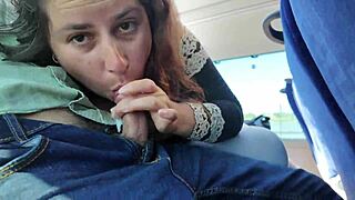 Pretty Exhibitionist Seduces Curvy Milf To Suck Big Cock In Bus Until Facial