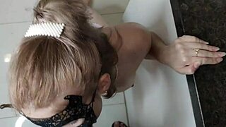 cute amateur sucks huge cock in kitchen cum on face