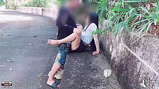 A student roughly fucks his girlfriend on stage in the park