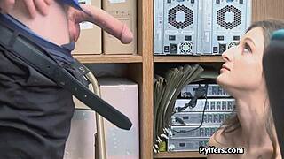 Hey, watch this tattooed brunette get caught fucking in the office