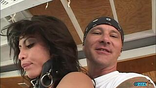 Skinny latina brunette chained double penetrated by black dudes