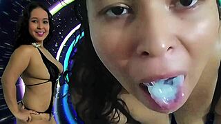 milf swallows cum while denying cuckold husband permission to fuck her small cock she masturbates for consolation and sucks him off