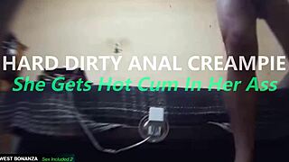 hard dirty anal creampie after sucking, she gets hot cum deep in her ass