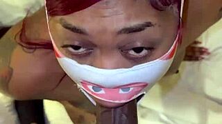 Masked pretty throater in rough pov deepthroat blowjob with big black cock, sloppy wet spitting facial