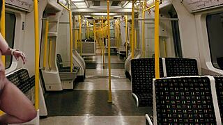 stripping and masturbating on the metro, teasing with toys and big tits, moaning loud for voyeurs