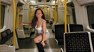 stripping and masturbating on the metro, teasing with toys and big tits, moaning loud for voyeurs