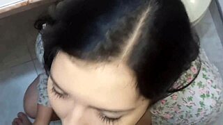 passionate couple in bathroom has steamy sex ending on her face!