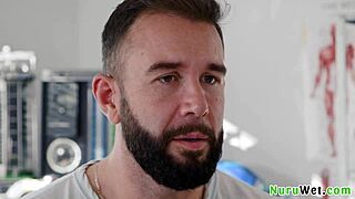 Petite blonde masseuse receives intense pounding from doctor