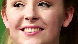 busty uk teen 18+ with big tits gets facialized in a thrilling threeway adventure with cumshots