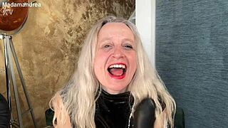 Blonde in latex corset performs horny prolapse fisting with mega dildo