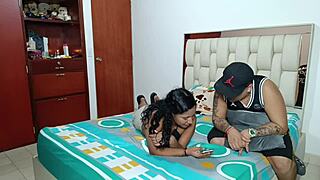 dark-skinned india asks for a massage on the bed, and he touches her buttocks