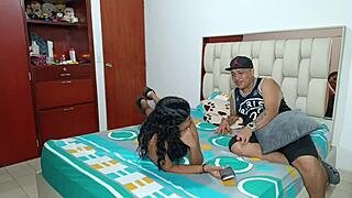 dark-skinned india asks for a massage on the bed, and he touches her buttocks