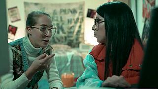 nerd babe scissoring with lesbian bff in threesome fantasy