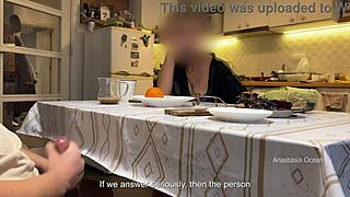 My husband jerking under a table front of my step mom and i right at the kitchen