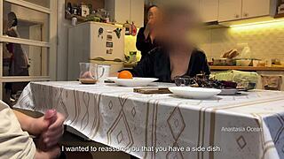 My husband jerking under a table front of my step mom and i right at the kitchen