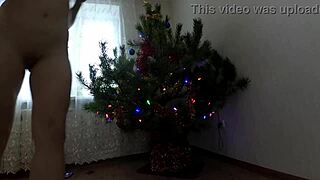 Beautiful Bitch Dancing Seductively Around Christmas Tree with Small Tits Exposed