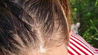 fucking the wet brunette's slobbery mouth with big cock in outdoor forest on hot summer day