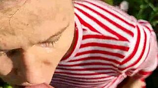 fucking the wet brunette's slobbery mouth with big cock in outdoor forest on hot summer day