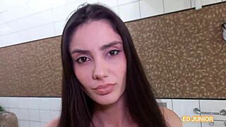 Ed junior fucks vitória camargo bareback with oiled ass, full anal in red and sheer