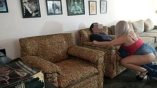 blond girl with blue eyes participates in photo session wearing shorts and jeans