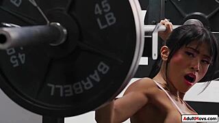 Busty futa babe sucked during squats by asian futanari