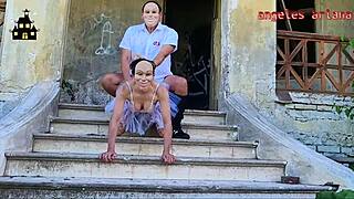 rough public sex in halloween costume with skirt ripped and intense anal creampie