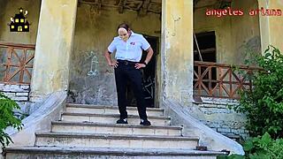 rough public sex in halloween costume with skirt ripped and intense anal creampie