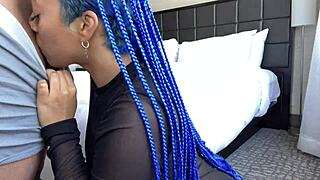 Sloppy blowjob! Blue hair throatgoat swallows cum!